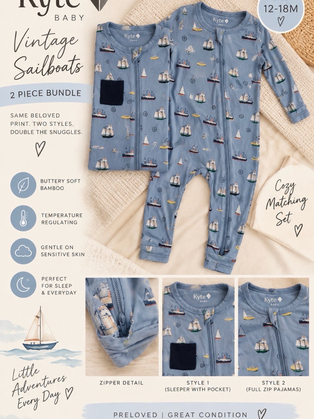 Kyte BABY Vintage Sailboats Matching Baby One-Piece Set